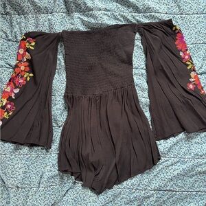 Forever 21 Black Long Sleeve Dress with Floral Embroidery